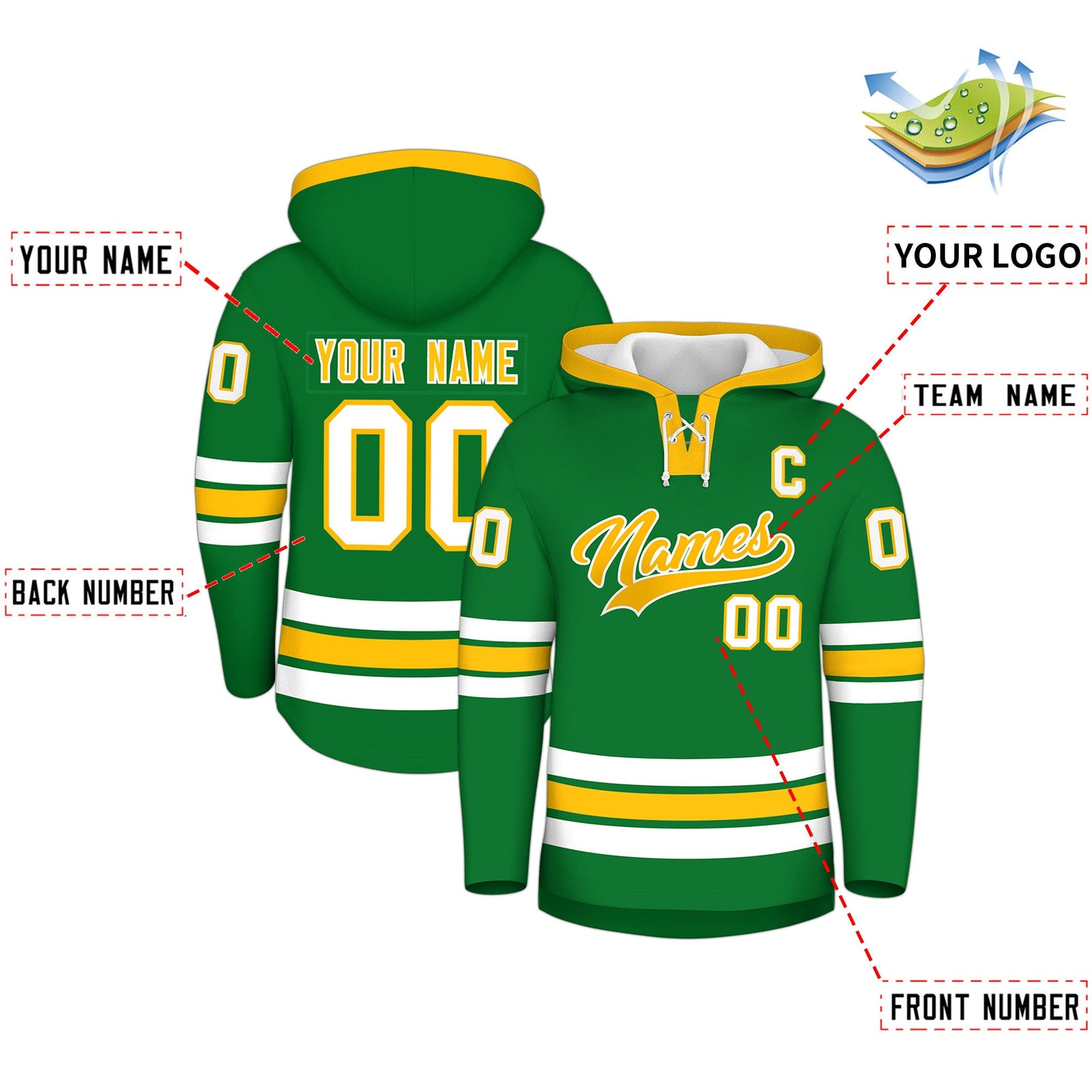 Custom Hockey Hoodie Jersey Kelly Green Gold Classic Style for Men&Youth