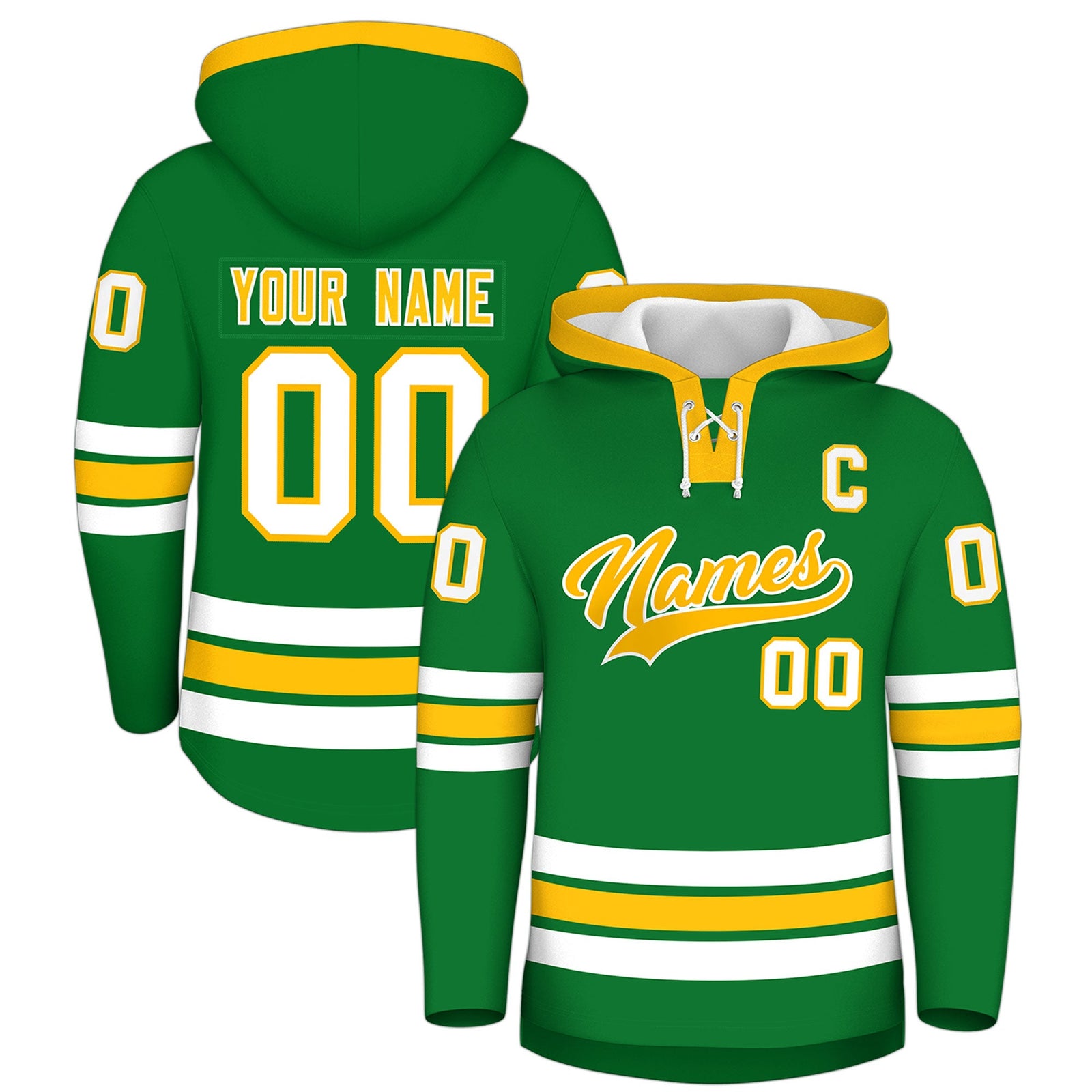 Custom Hockey Hoodie Jersey Kelly Green Gold Classic Style for Men&Youth