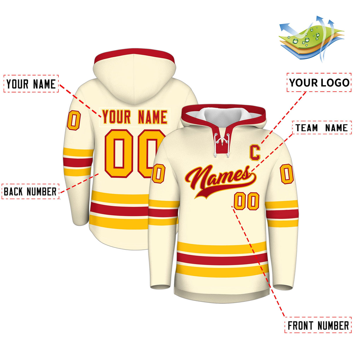 Custom Hockey Hoodie Jersey Cream Red Classic Style Add Name,Number&amp;Logo