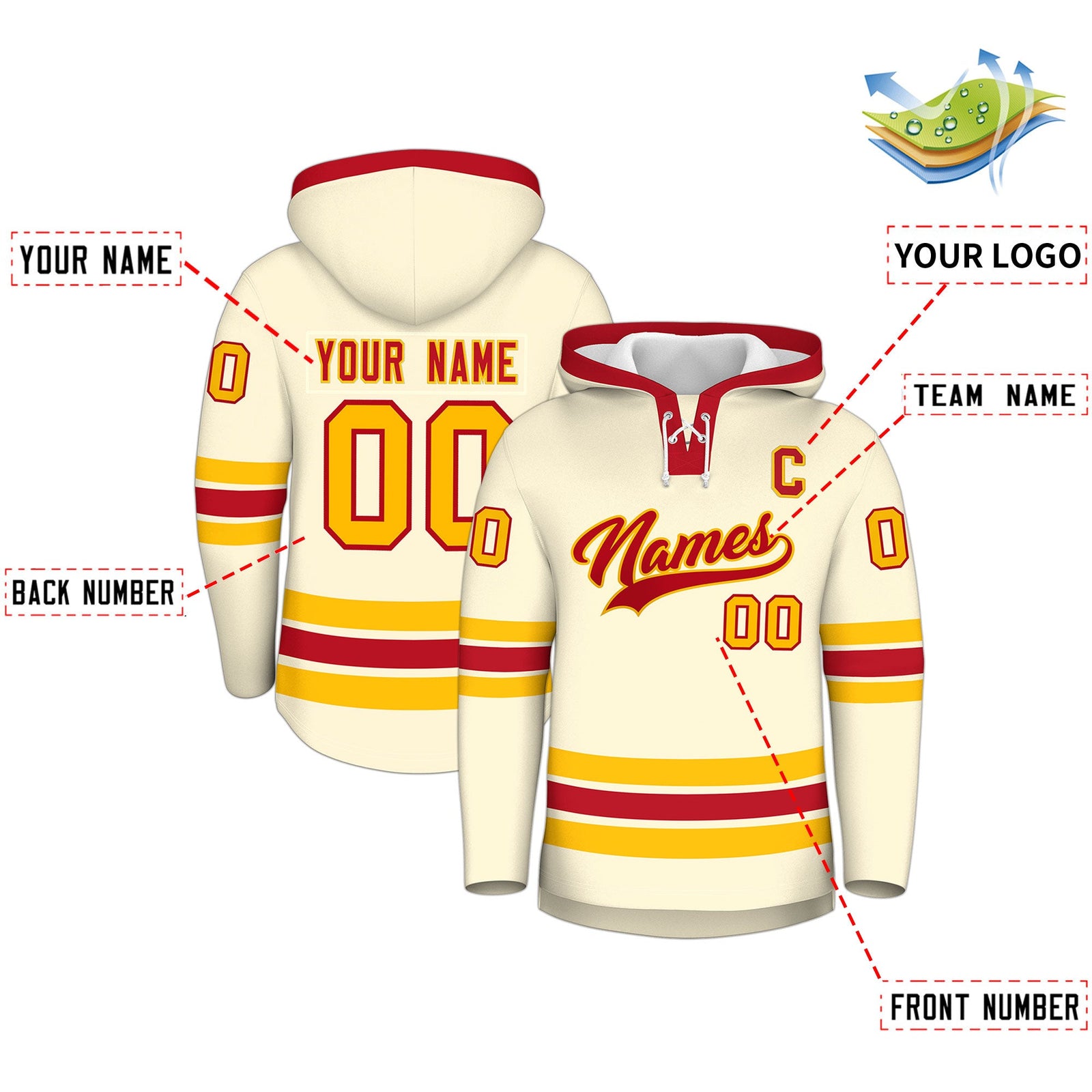 Custom Hockey Hoodie Jersey Cream Red Classic Style Add Name,Number&Logo