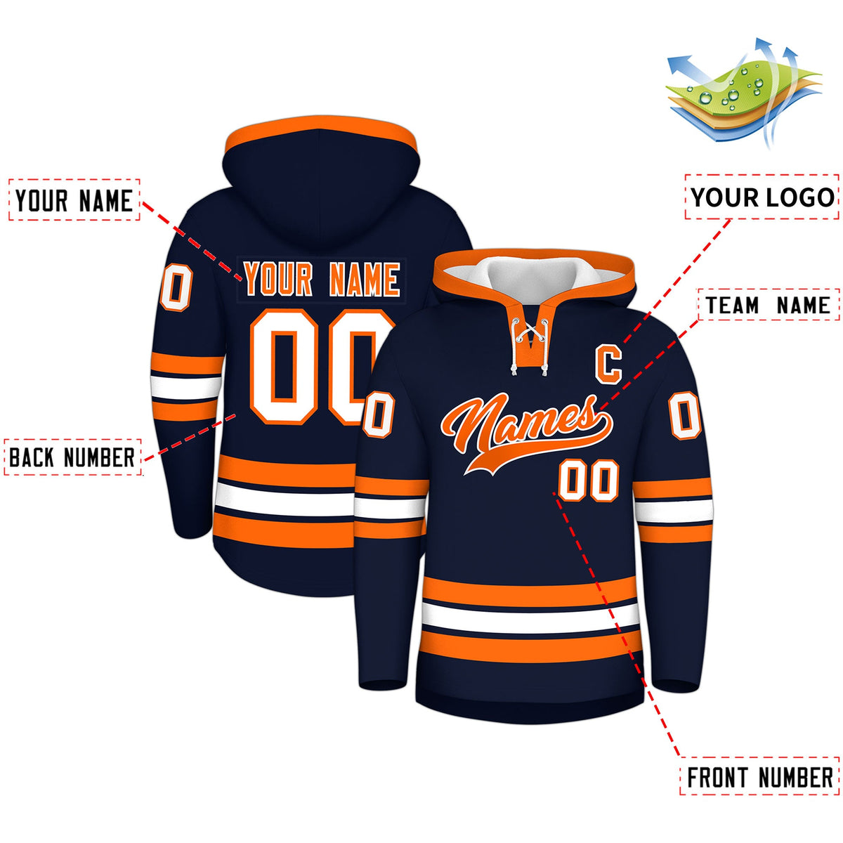 Custom Hockey Hoodie Jersey Navy Orange Classic Style for Men&amp;Youth