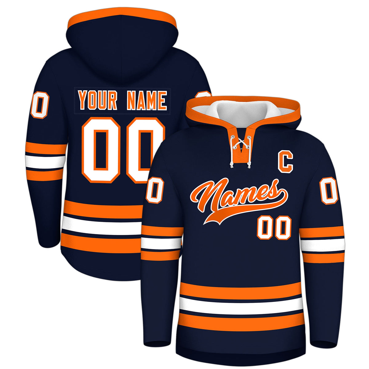 Custom Hockey Hoodie Jersey Navy Orange Classic Style for Men&amp;Youth