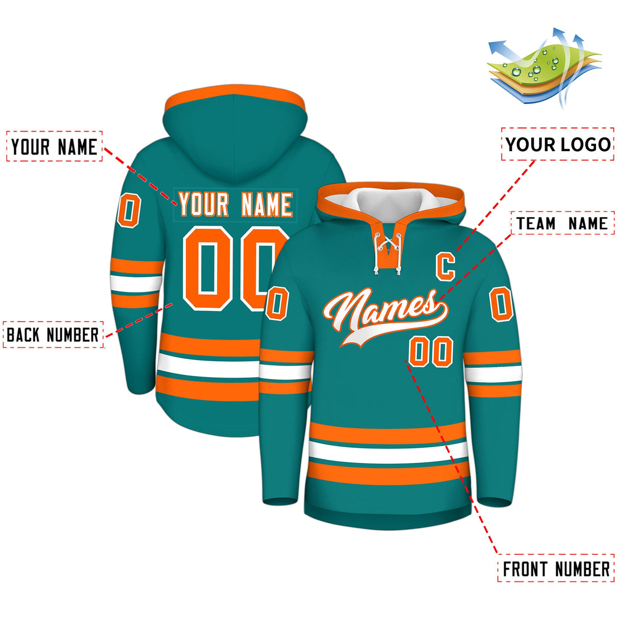 Custom Hockey Hoodie Jersey Teal Orange Classic Style Add Name,Number&amp;Logo