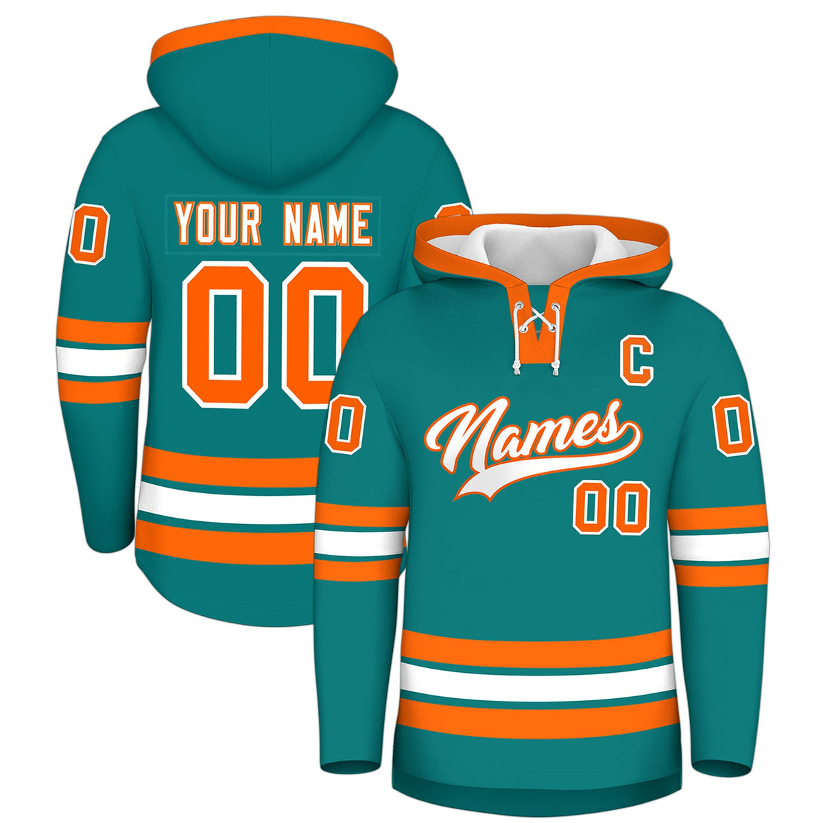 Custom Hockey Hoodie Jersey Teal Orange Classic Style Add Name,Number&amp;Logo