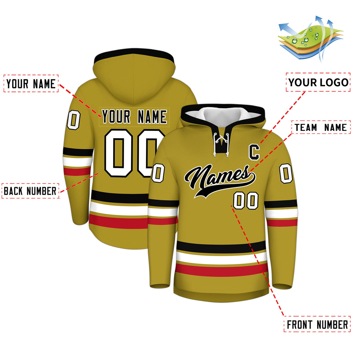 Custom Hockey Hoodie Jersey Old Gold Black Classic Style for Men&amp;Youth