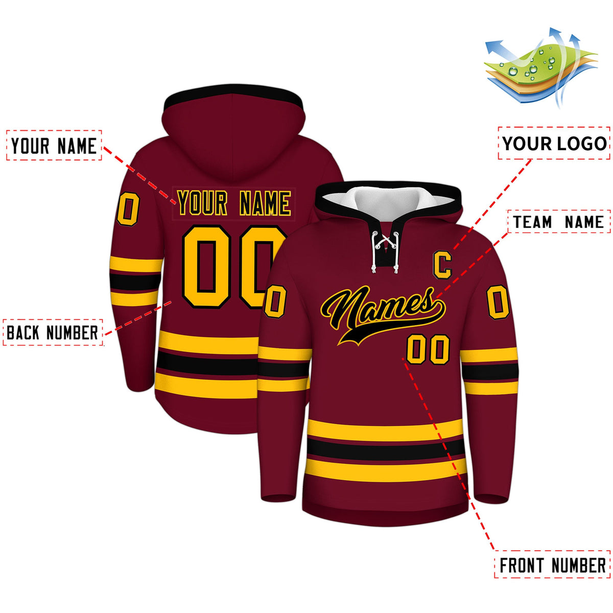 Custom Hockey Hoodie Jersey Crimson Black Classic Style Add Name,Number&amp;Logo