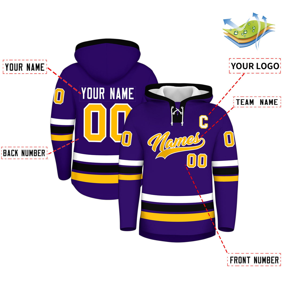 Custom Hockey Hoodie Jersey Purple Black Classic Style for Men&amp;Youth