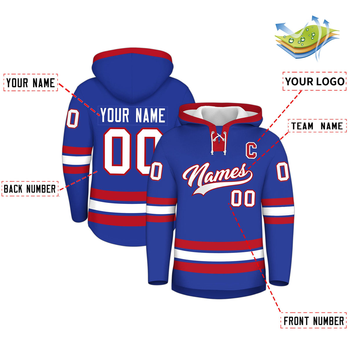 Custom Hockey Hoodie Jersey Royal Blue Red Classic Style Add Name,Number&amp;Logo