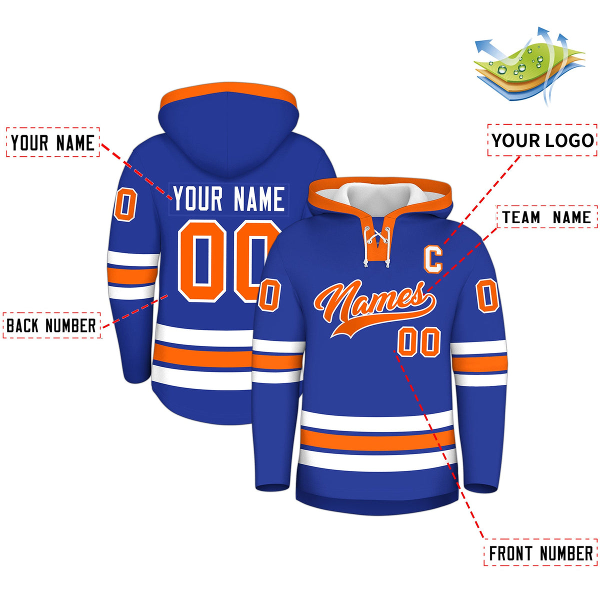 Custom Hockey Hoodie Jersey Royal Blue Orange Classic Style for Men&amp;Youth