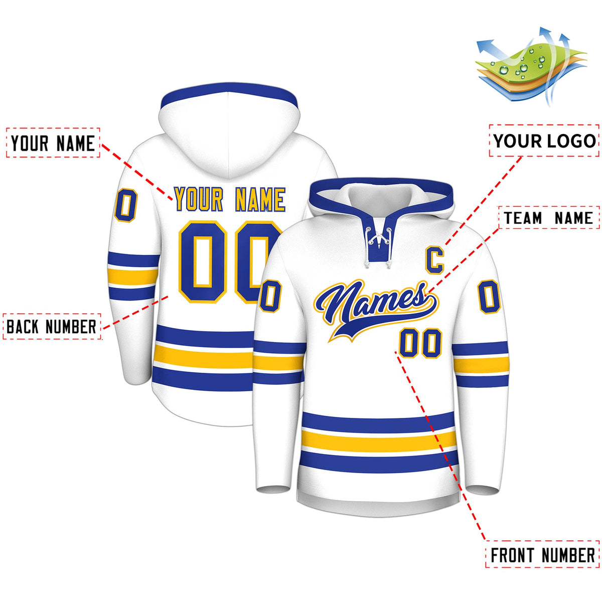 Custom Hockey Hoodie Jersey White Royal Blue Classic Style Add Name,Number &amp; Logo