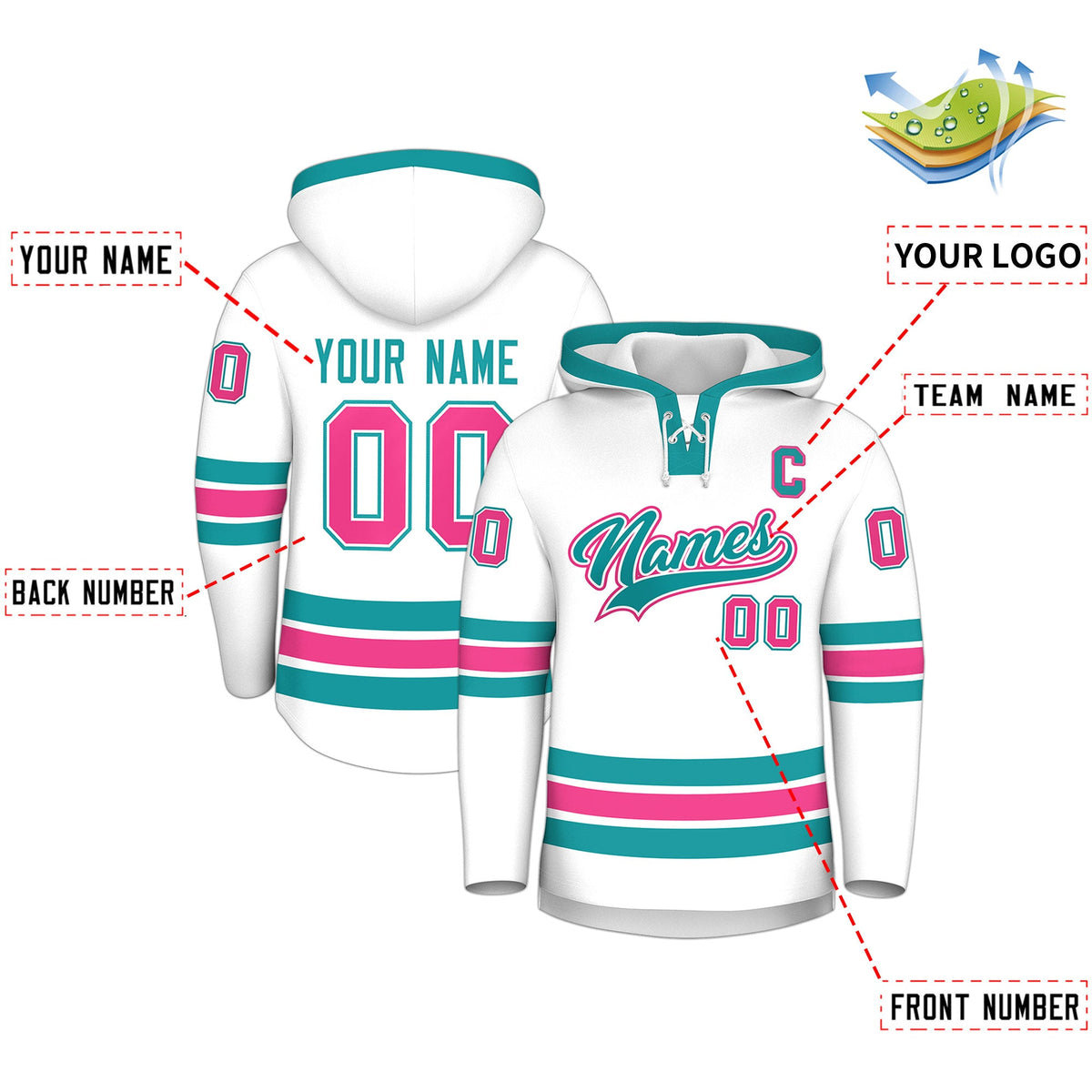 Custom Hockey Hoodie Jersey White Aqua Classic Style for Men&amp;Youth