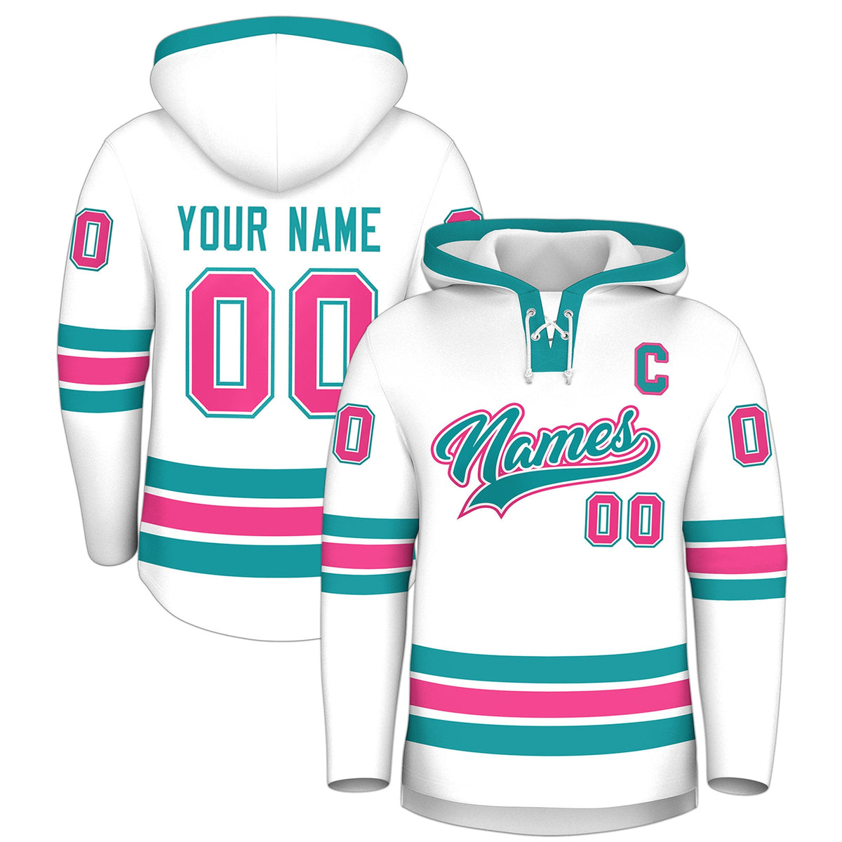 Custom Hockey Hoodie Jersey White Aqua Classic Style for Men&amp;Youth