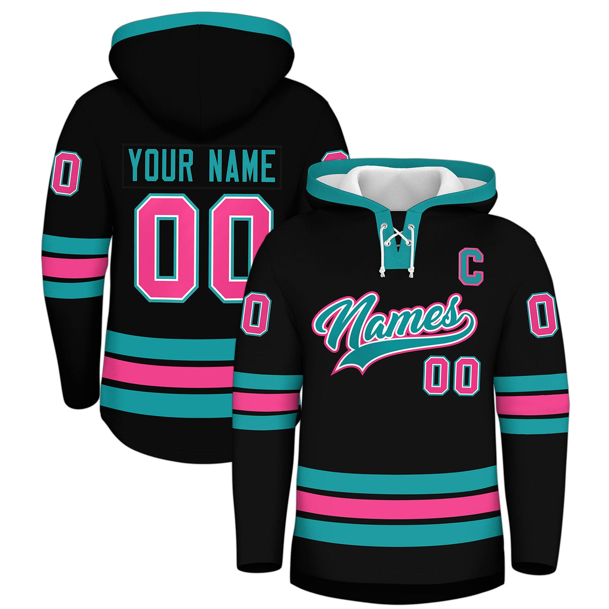 Custom Hockey Hoodie Jersey Black Aqua Classic Style Add Name,Number &amp; Logo