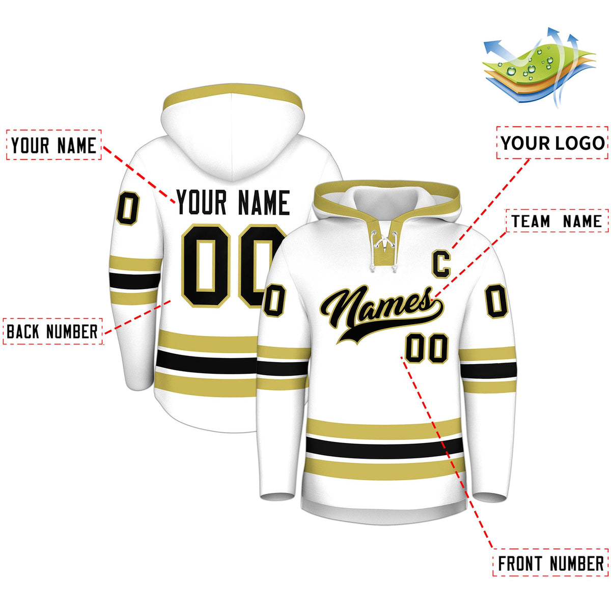 Custom Hockey Hoodie Jersey White Old Gold Classic Style Add Name,Number &amp; Logo