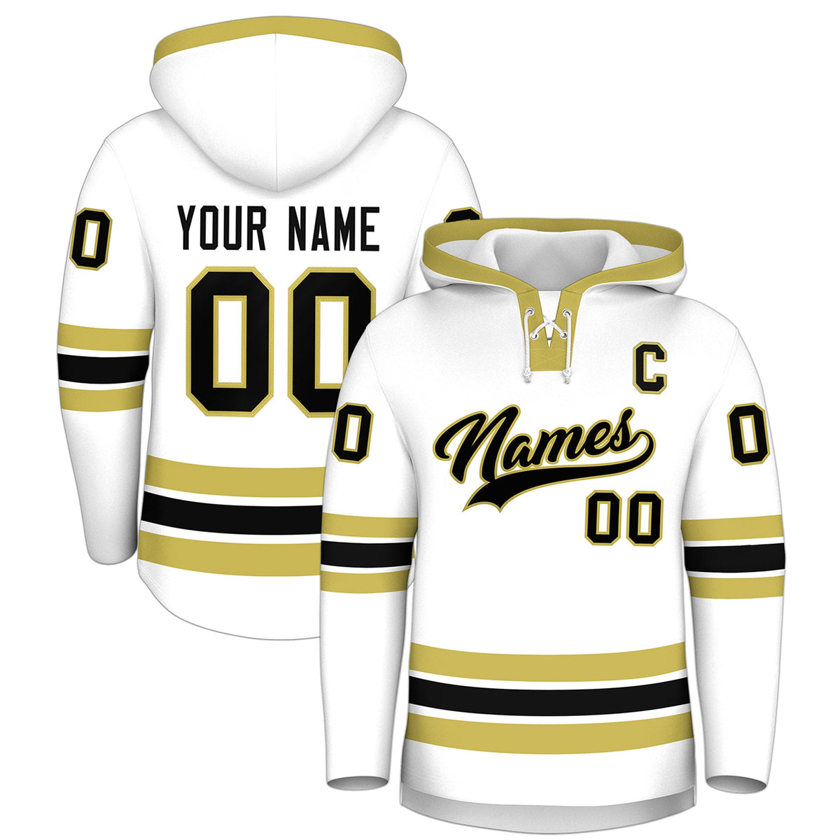 Custom Hockey Hoodie Jersey White Old Gold Classic Style Add Name,Number &amp; Logo