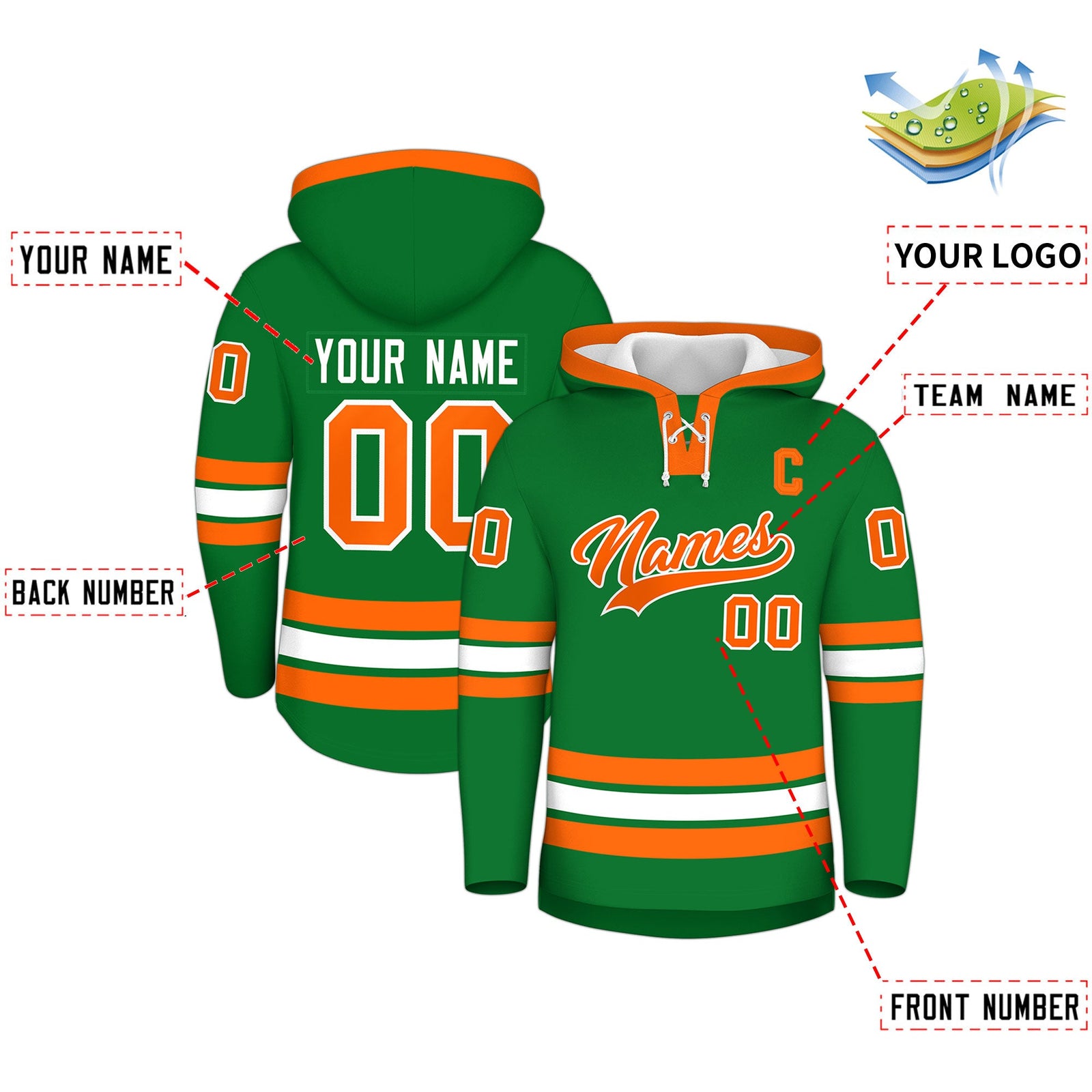 Custom Hockey Hoodie Jersey Kelly Green Orange Classic Style for Men&Youth