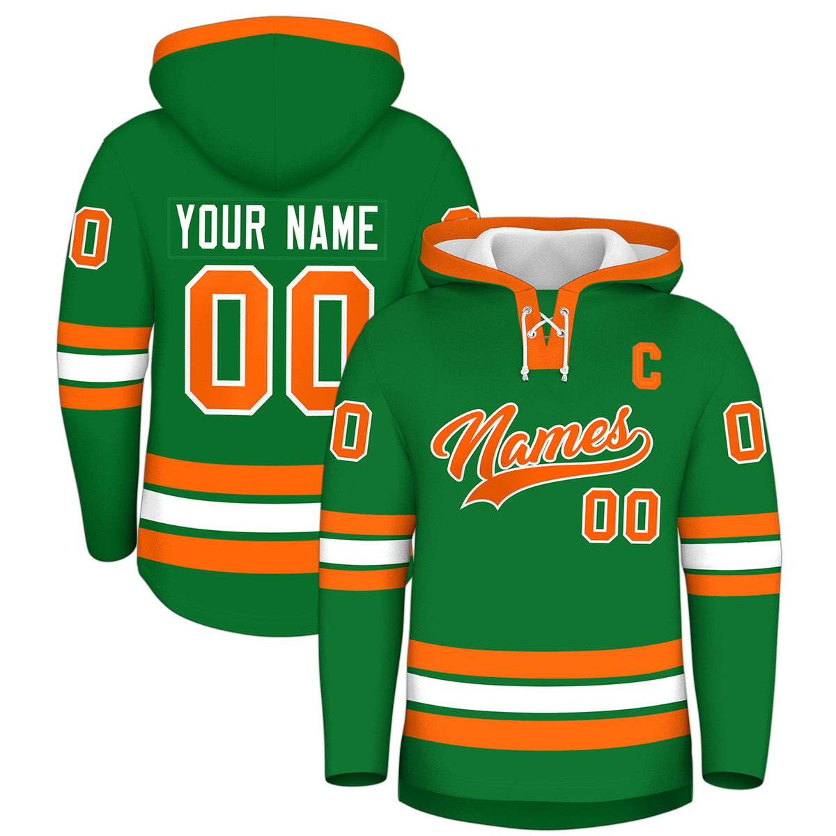 Custom Hockey Hoodie Jersey Kelly Green Orange Classic Style for Men&amp;Youth