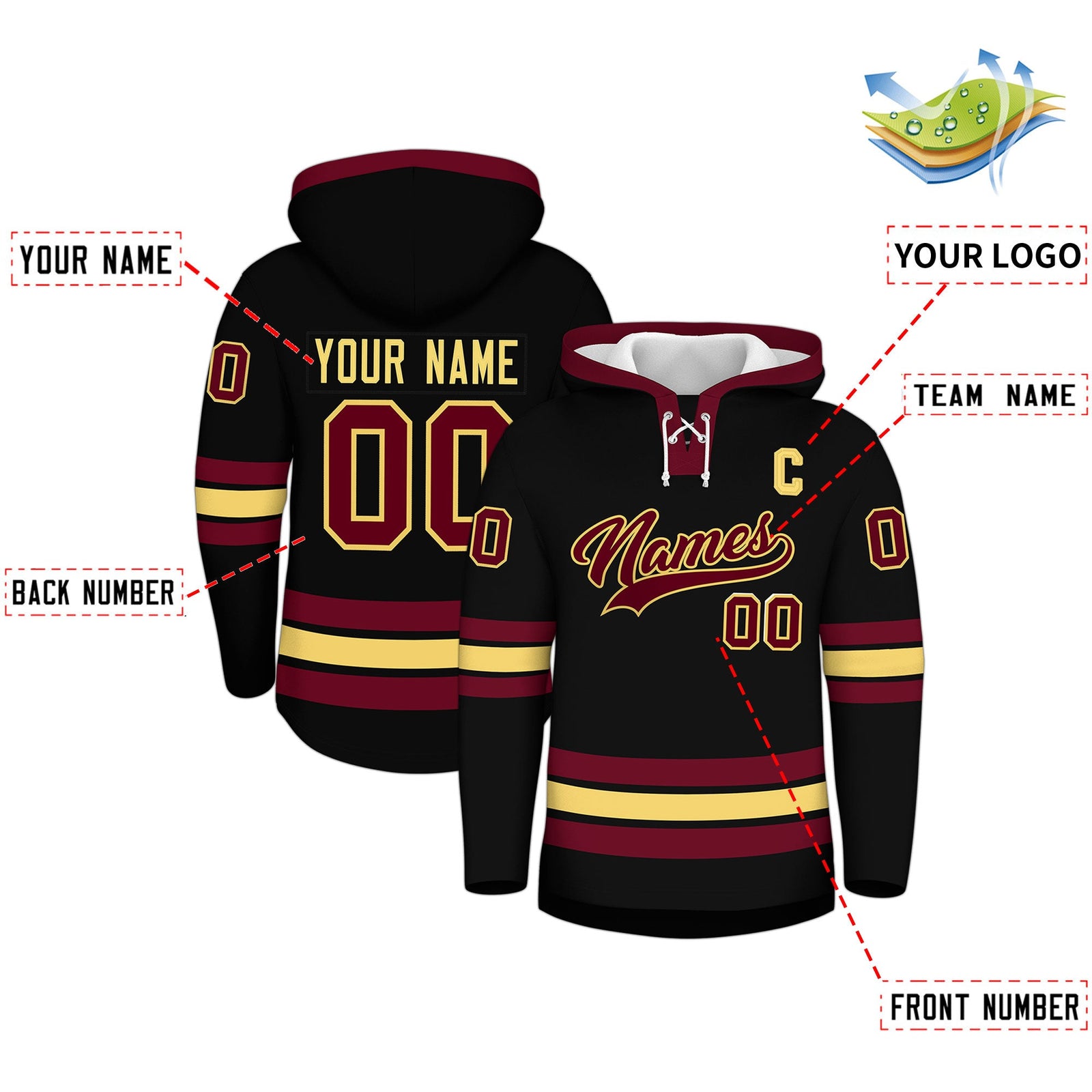 Custom Hockey Hoodie Jersey Black Crimson Classic Style for Men&Youth
