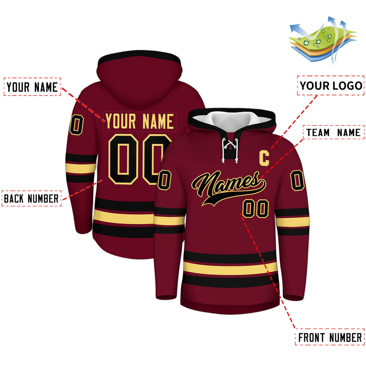 Custom Hockey Hoodie Jersey Crimson Black Classic Style Add Name,Number&amp;Logo