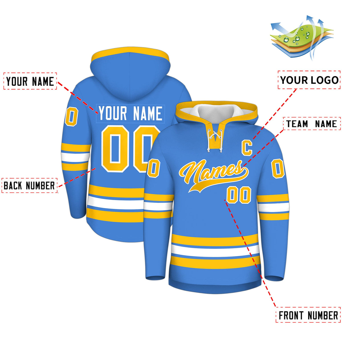 Custom Hockey Hoodie Jersey Powder Blue Gold Classic Style Add Name,Number&amp;Logo