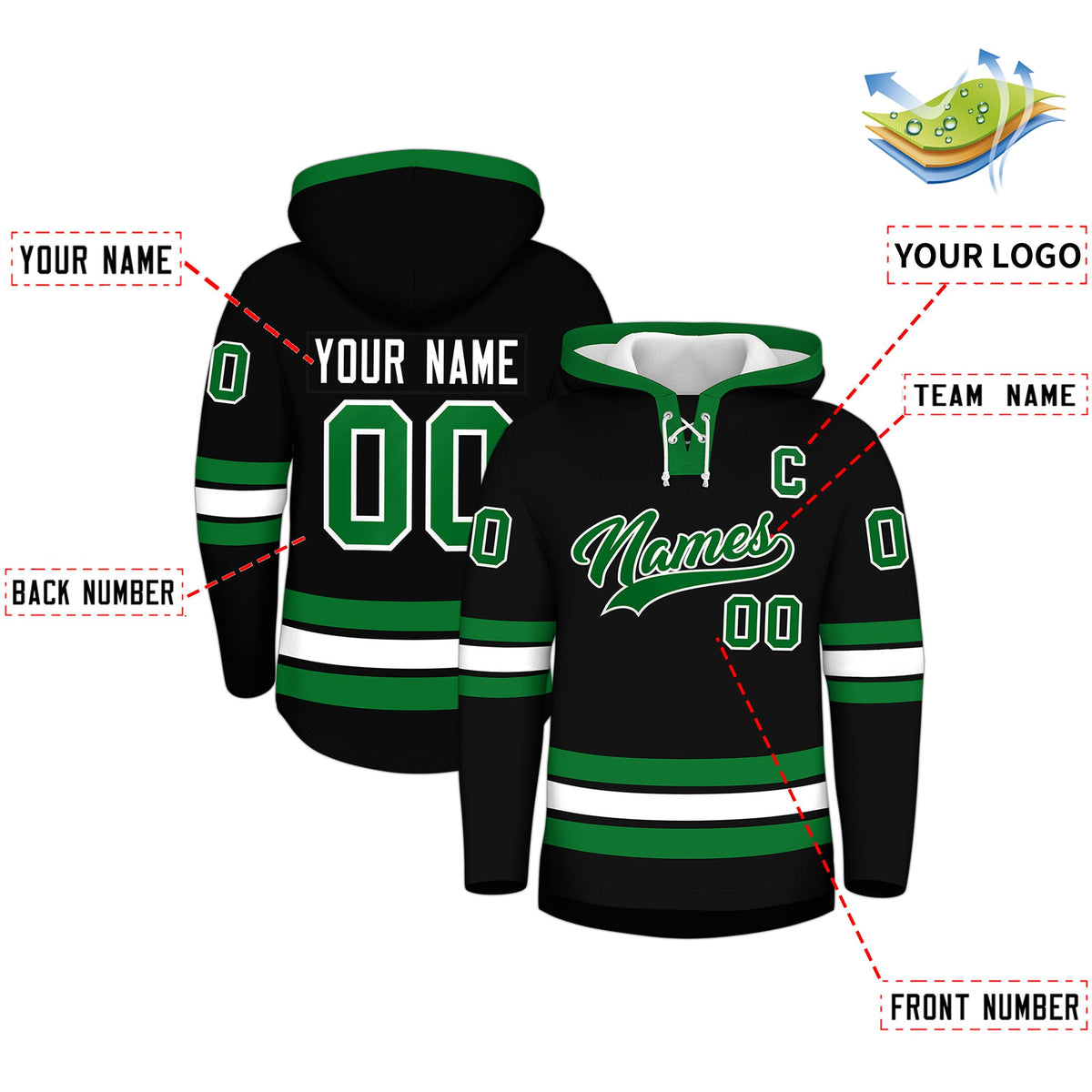 Custom Hockey Hoodie Jersey Black Kelly Green Classic Style for Men&amp;Youth