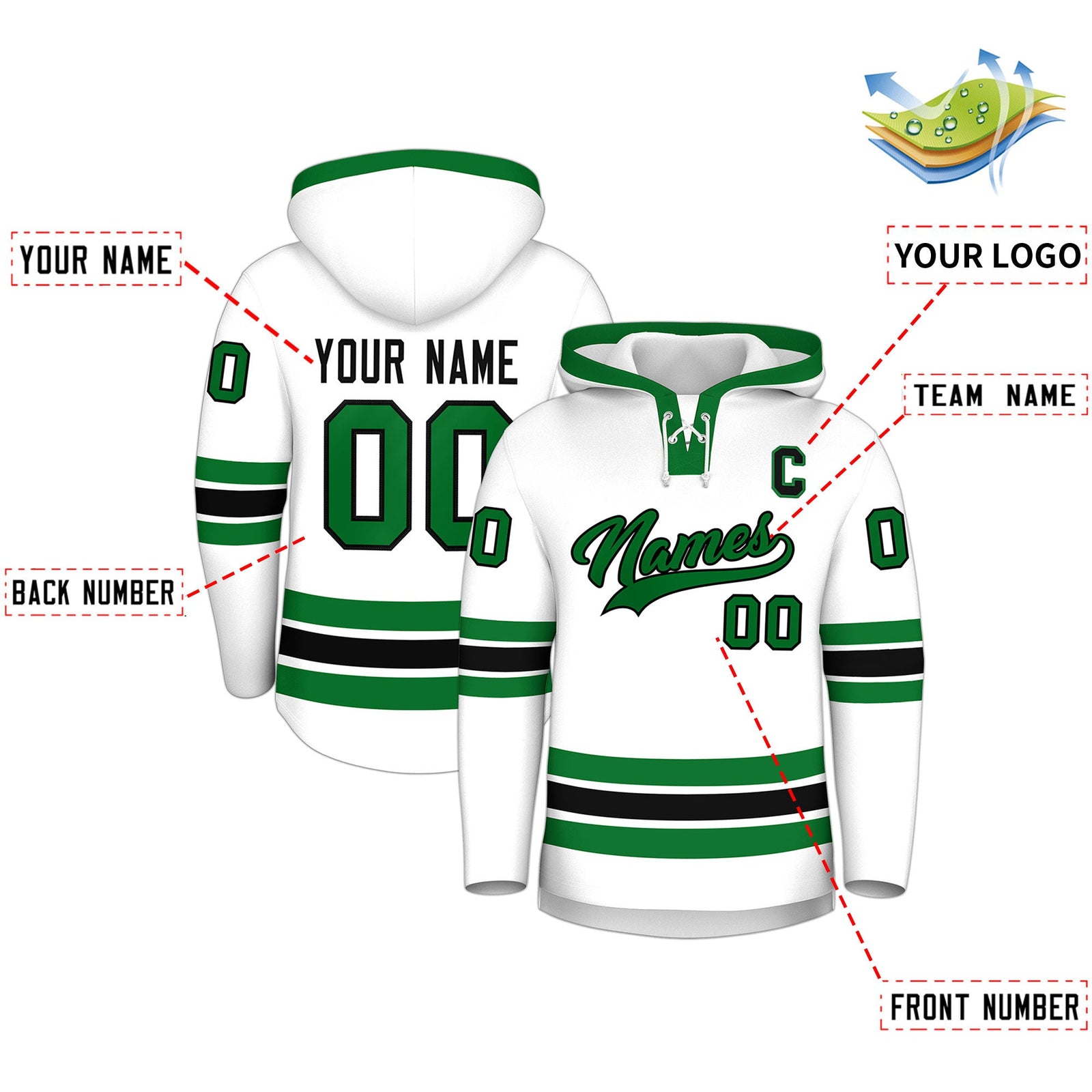 Custom Hockey Hoodie Jersey White Kelly Green Classic Style Add Name,Number&Logo