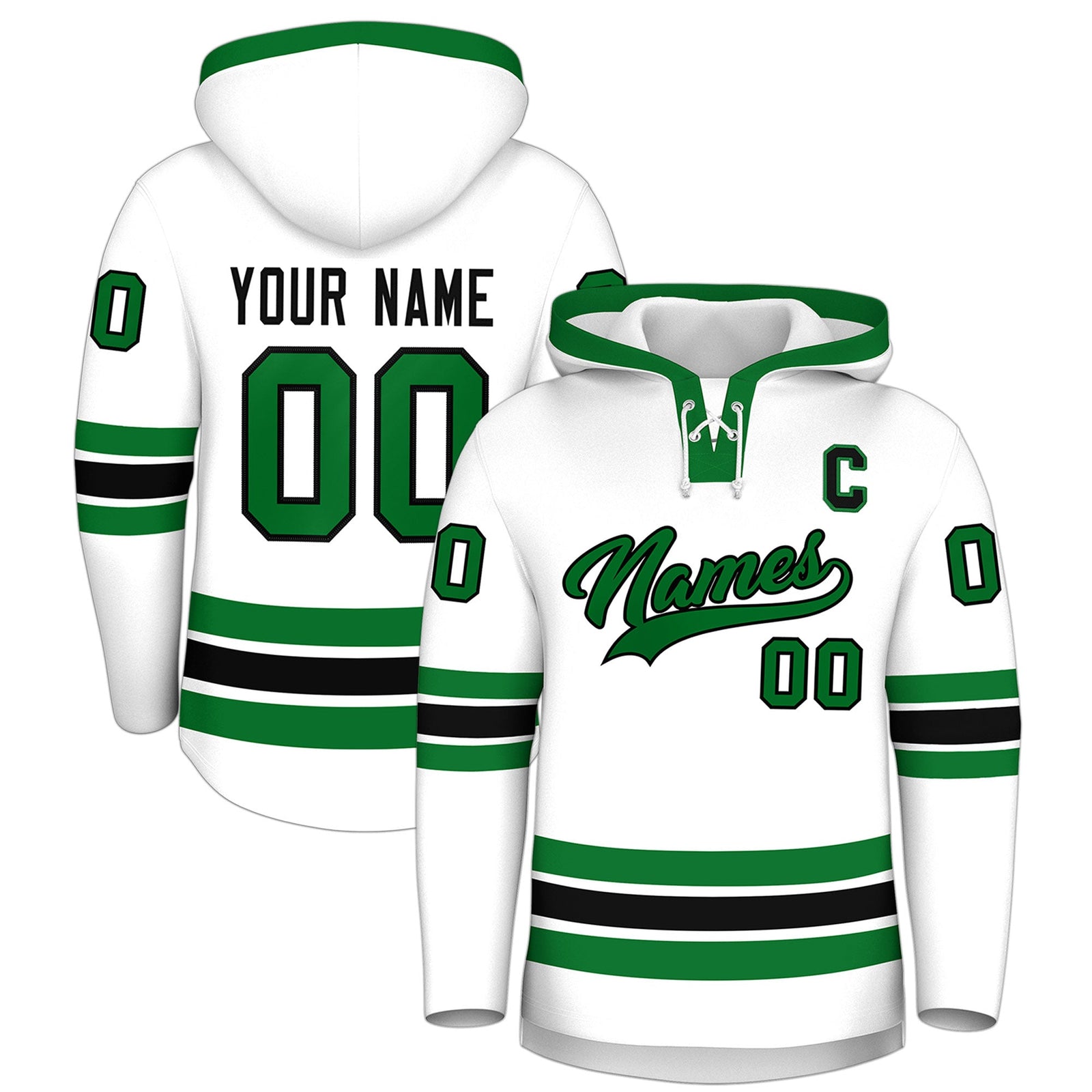 Custom Hockey Hoodie Jersey White Kelly Green Classic Style Add Name,Number&Logo