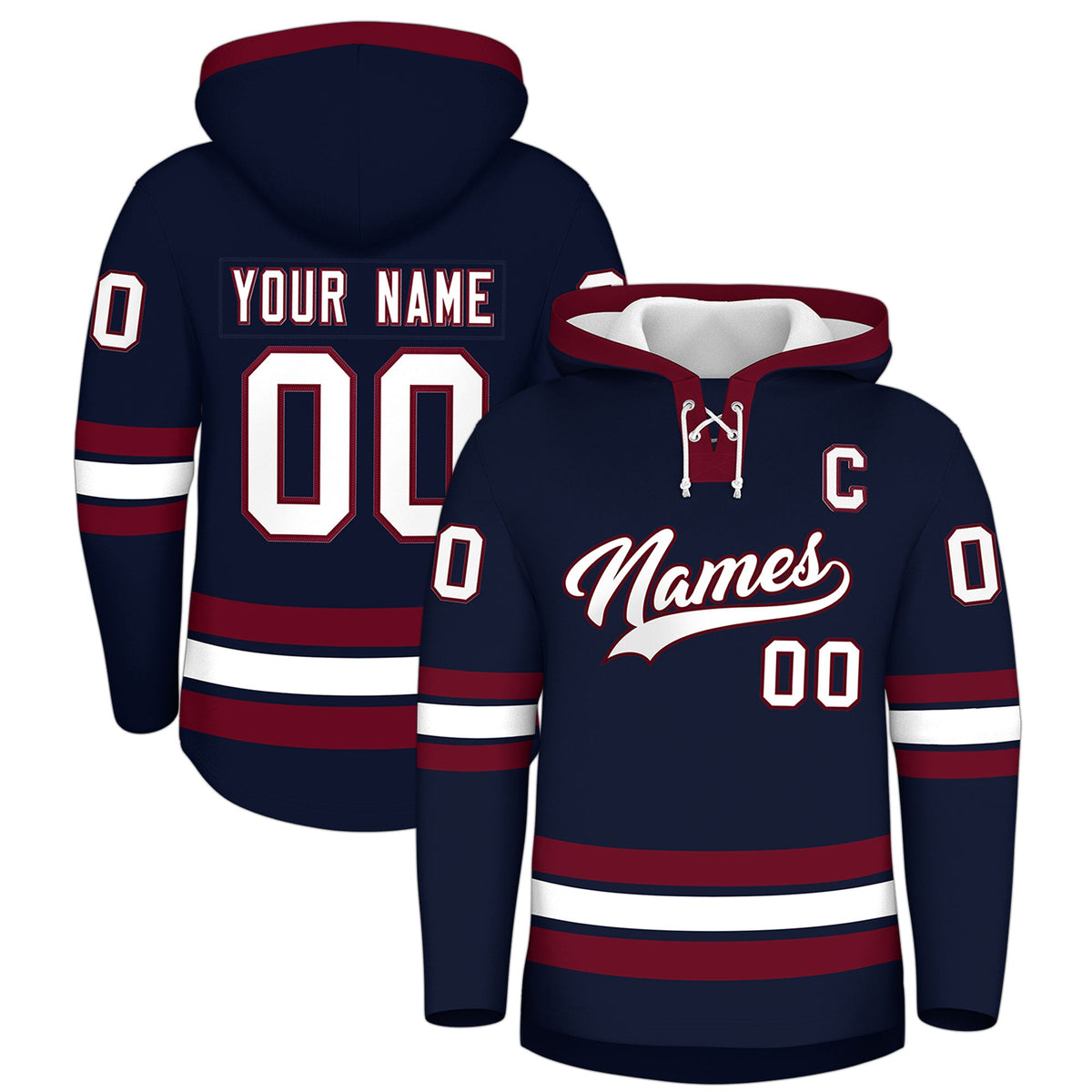 Custom Hockey Hoodie Jersey Navy Crimson Classic Style Add Name,Number&amp;Logo