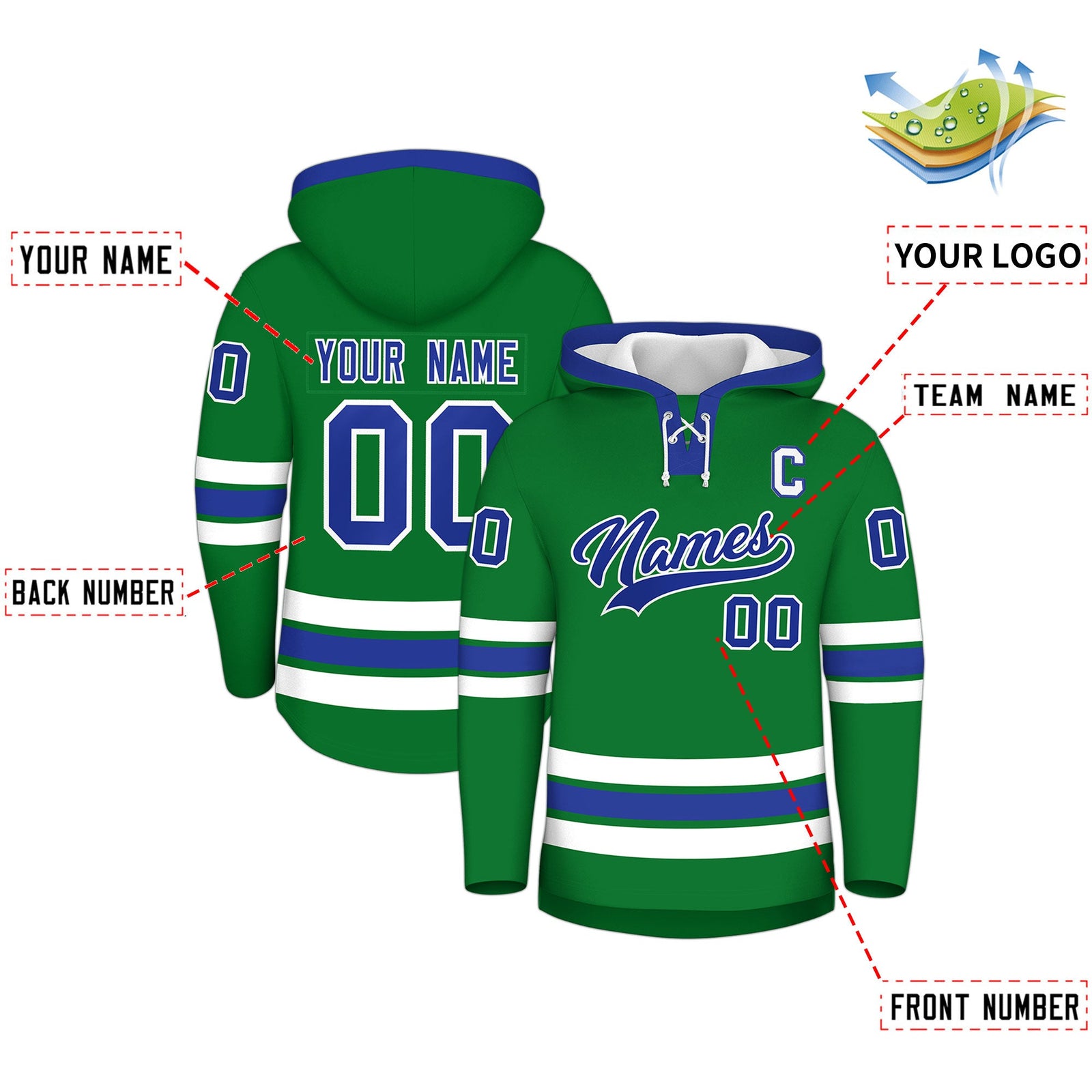 Custom Hockey Hoodie Jersey Kelly Green Royal Blue Classic Style Add Name,Number&Logo
