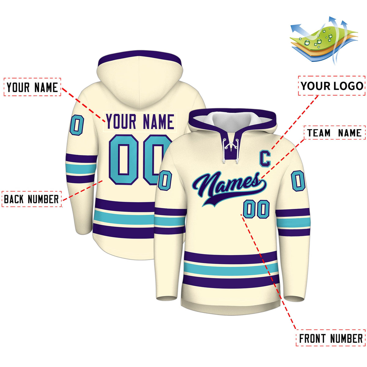 Custom Hockey Hoodie Jersey Cream Purple Classic Style for Men&amp;Youth
