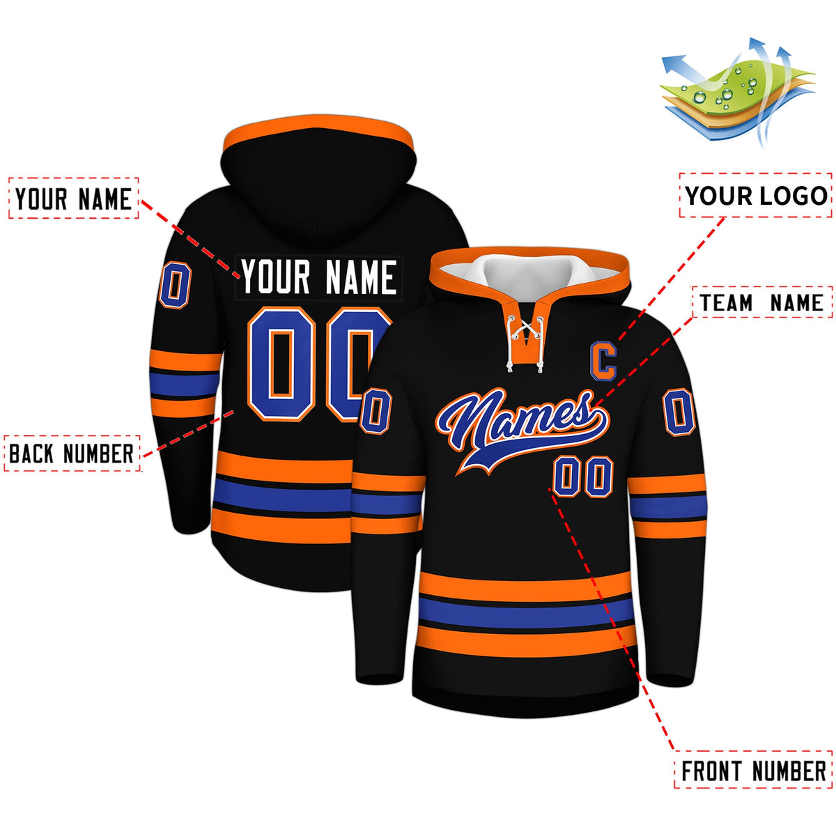 Custom Hockey Hoodie Jersey Black Orange Classic Style for Men&amp;Youth