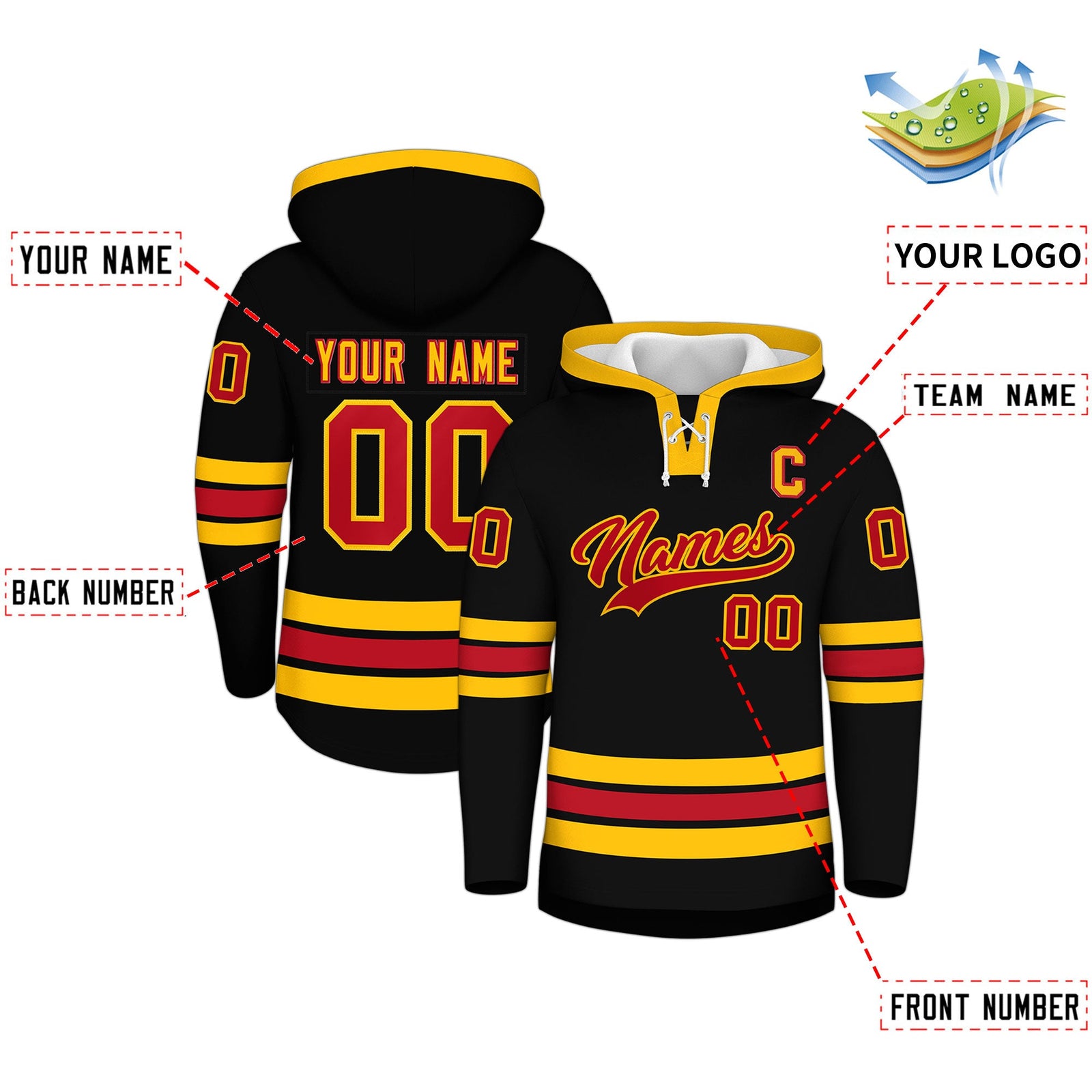 Custom Hockey Hoodie Jersey Black Red Classic Style Add Name,Number&Logo