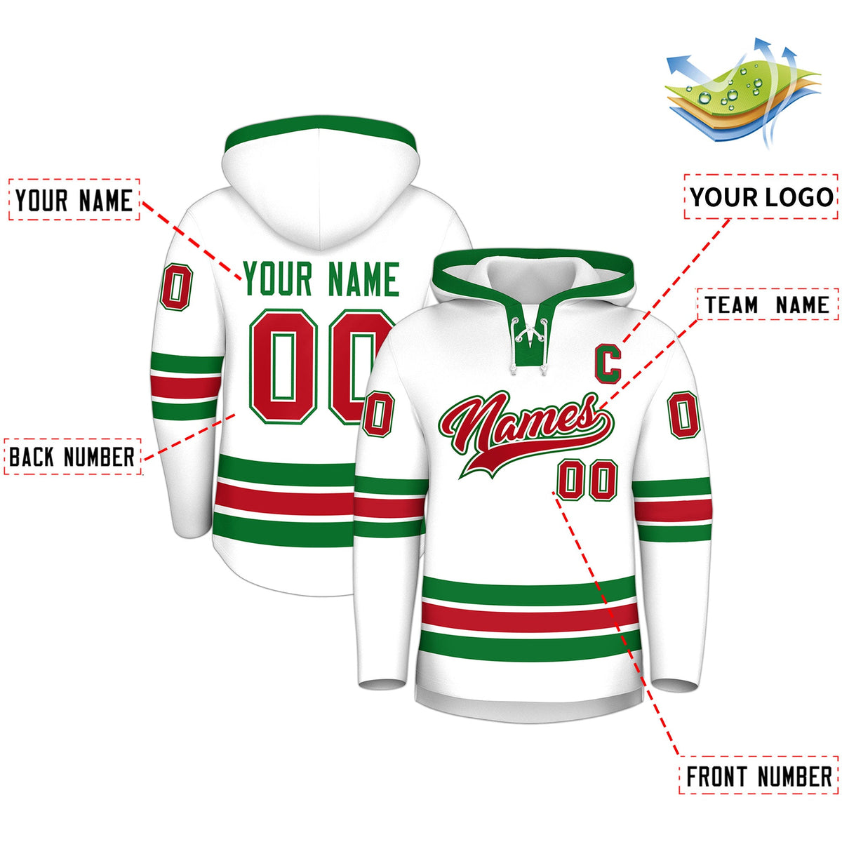 Custom Hockey Hoodie Jersey White Kelly Green Classic Style Add Name,Number&amp;Logo