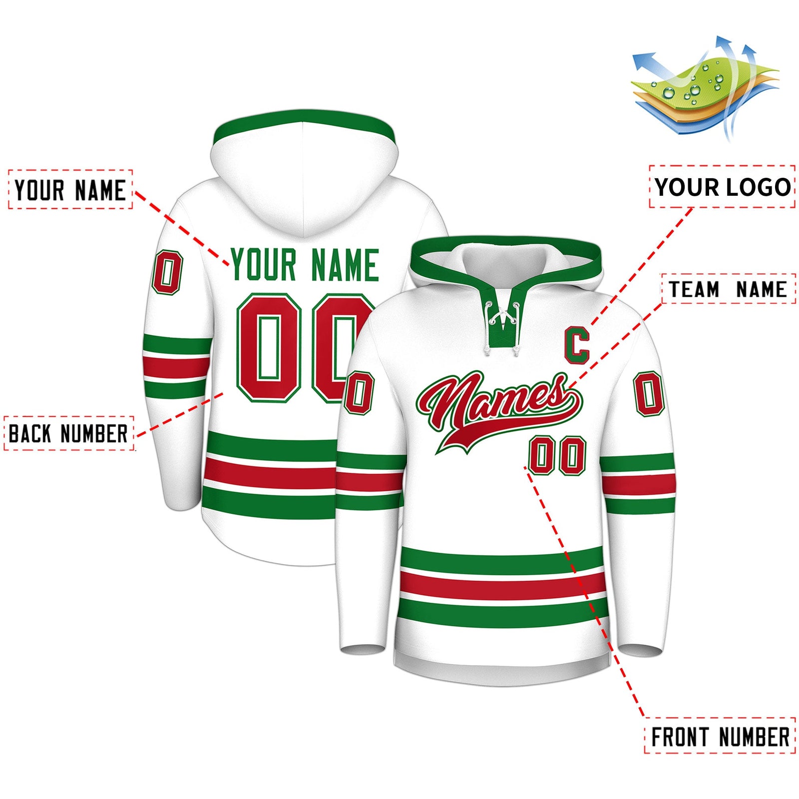Custom Hockey Hoodie Jersey White Kelly Green Classic Style Add Name,Number&Logo