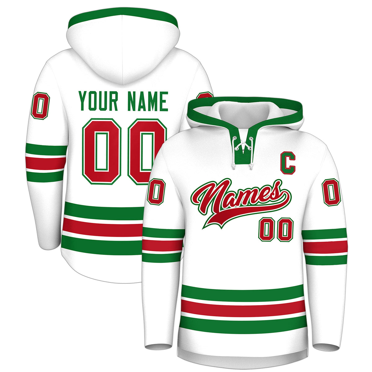 Custom Hockey Hoodie Jersey White Kelly Green Classic Style Add Name,Number&amp;Logo