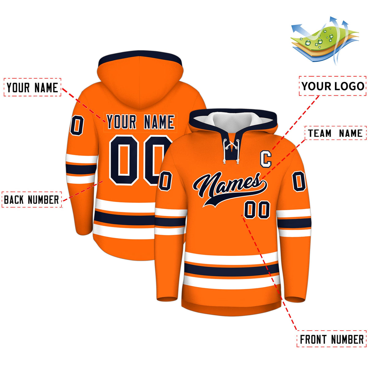 Custom Hockey Hoodie Jersey Orange Navy Classic Style Add Name,Number&amp;Logo