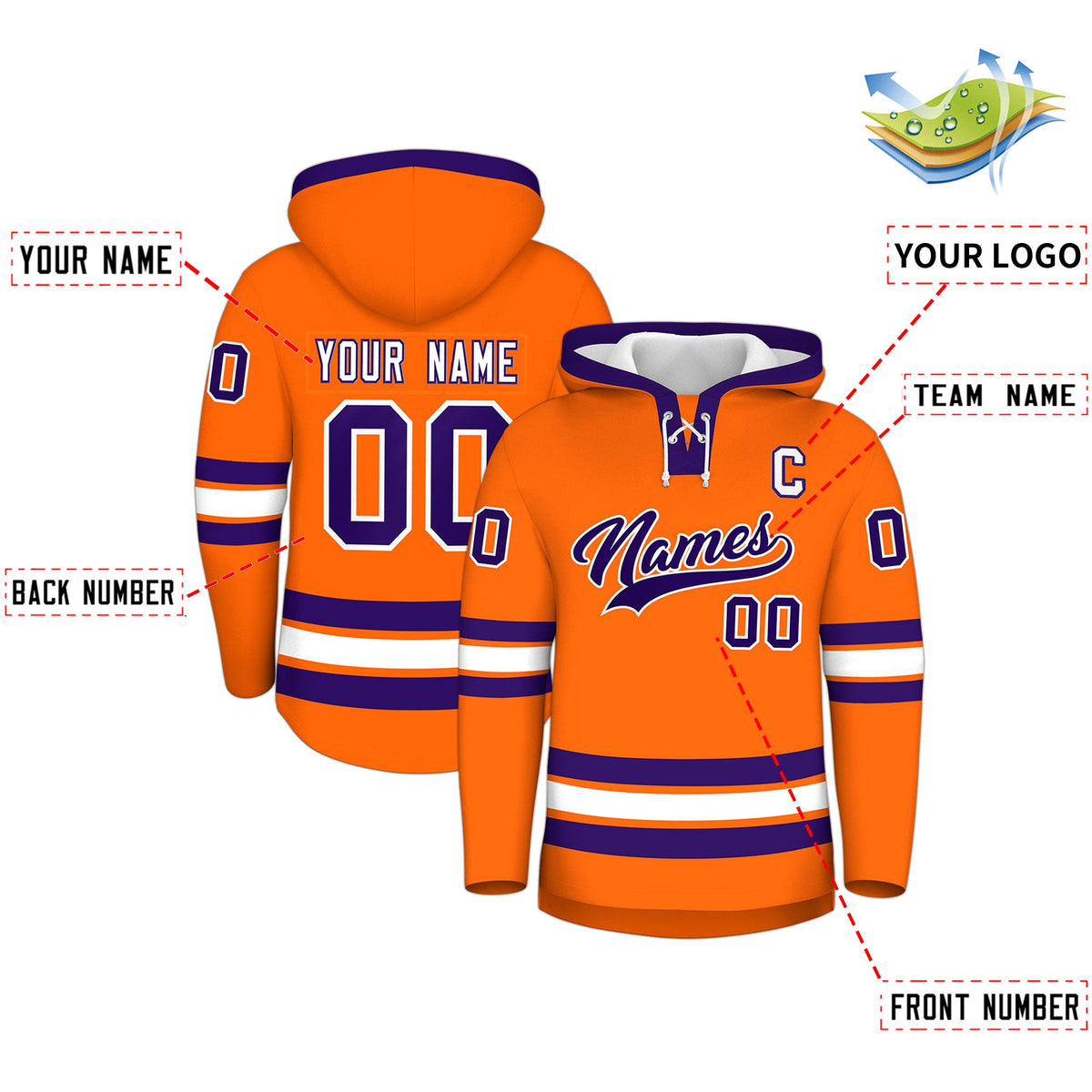 Custom Hockey Hoodie Jersey Orange Purple Classic Style for Men&amp;Youth