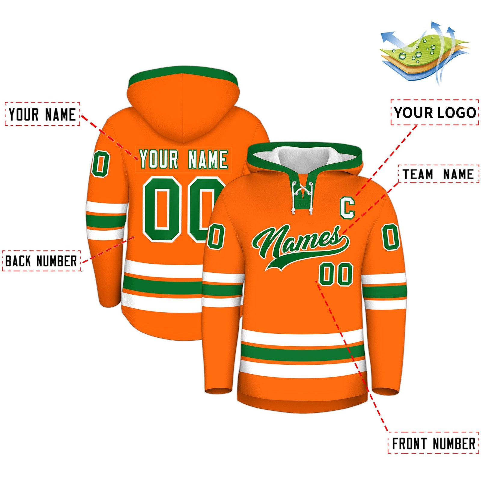 Custom Hockey Hoodie Jersey Orange Kelly Green Classic Style Add Name,Number&Logo