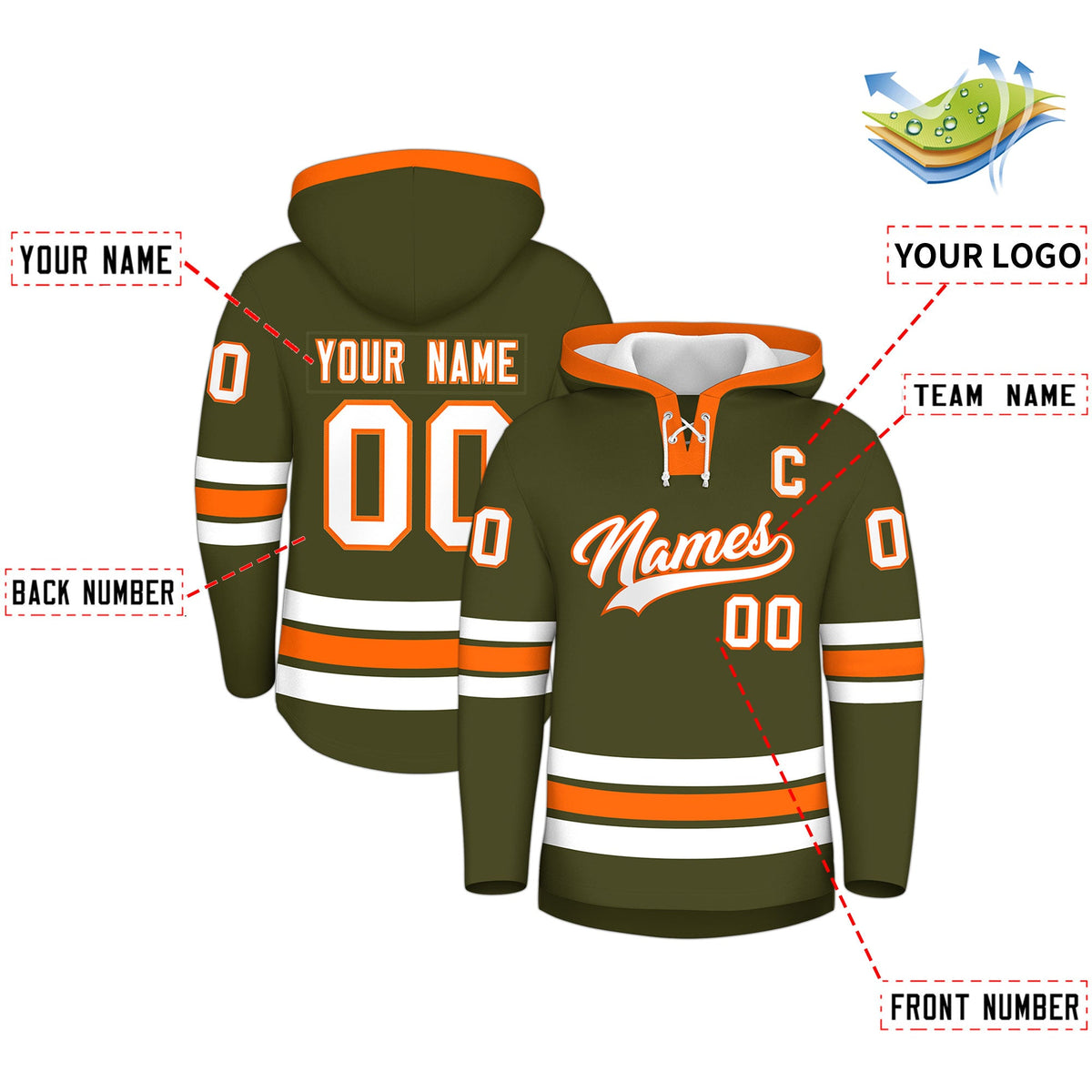 Custom Hockey Hoodie Jersey Olive Orange Classic Style for Men&amp;Youth