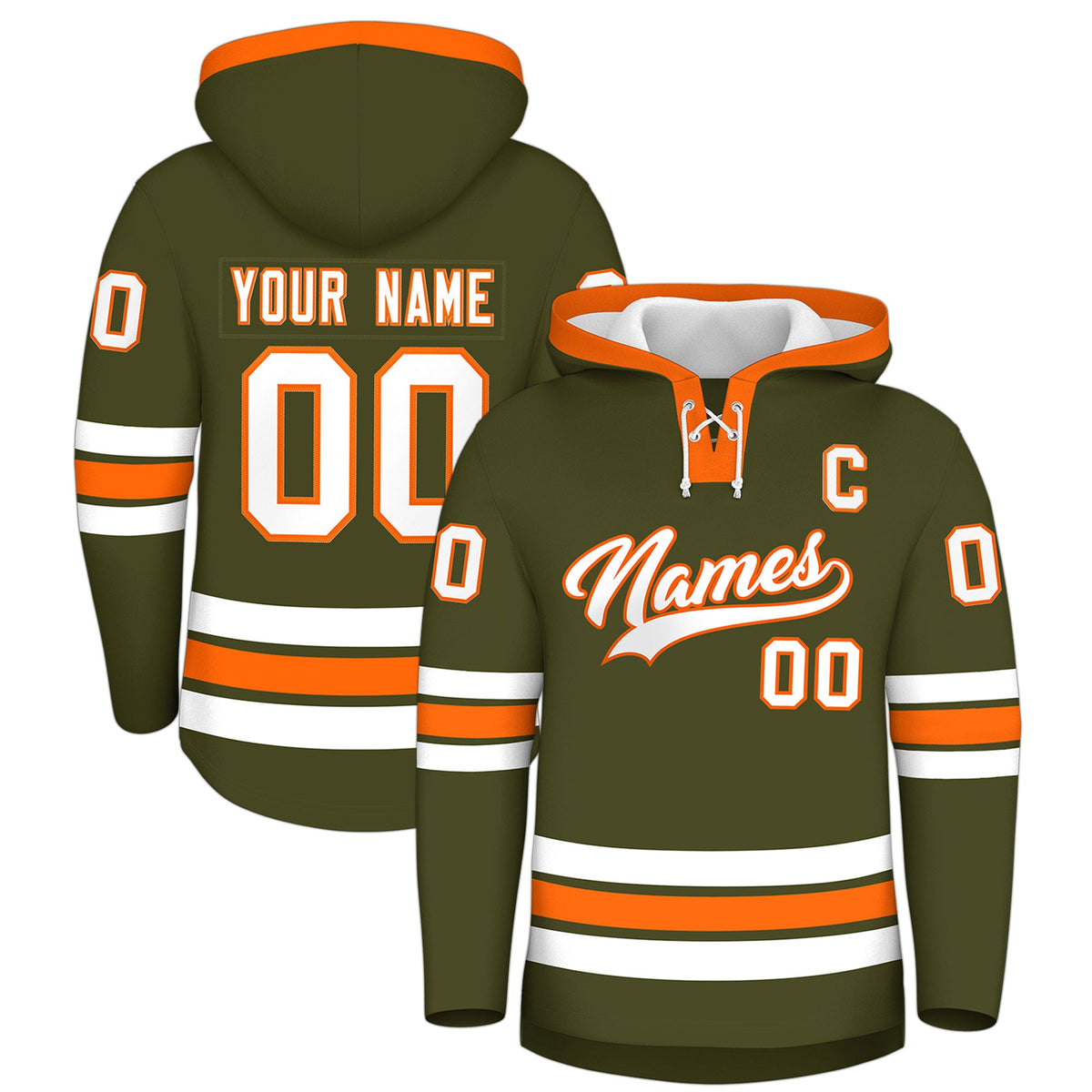 Custom Hockey Hoodie Jersey Olive Orange Classic Style for Men&amp;Youth