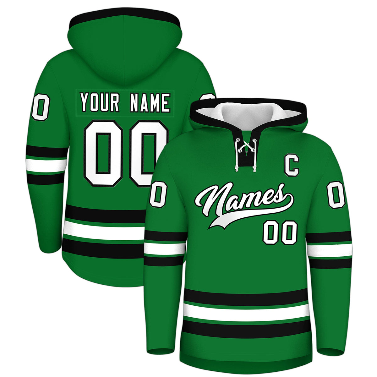 Custom Hockey Hoodie Jersey Kelly Green Black Classic Style for Men&amp;Youth
