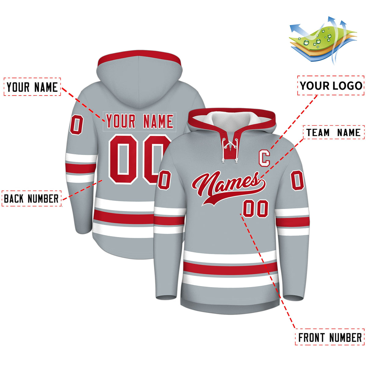 Custom Hockey Hoodie Jersey Silver Red Classic Style for Men&amp;Youth