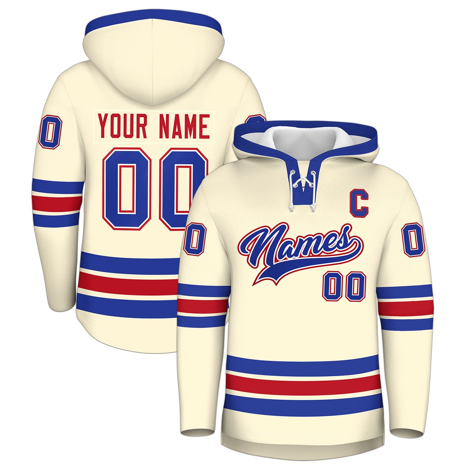 Custom Hockey Hoodie Jersey Cream Royal Blue Classic Style Add Name,Number & Logo