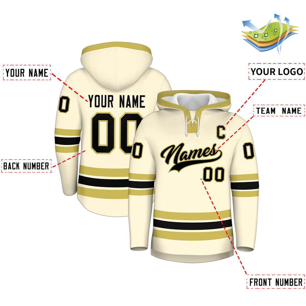 Custom Hockey Hoodie Jersey Cream Old Gold Classic Style for Men&amp;Youth