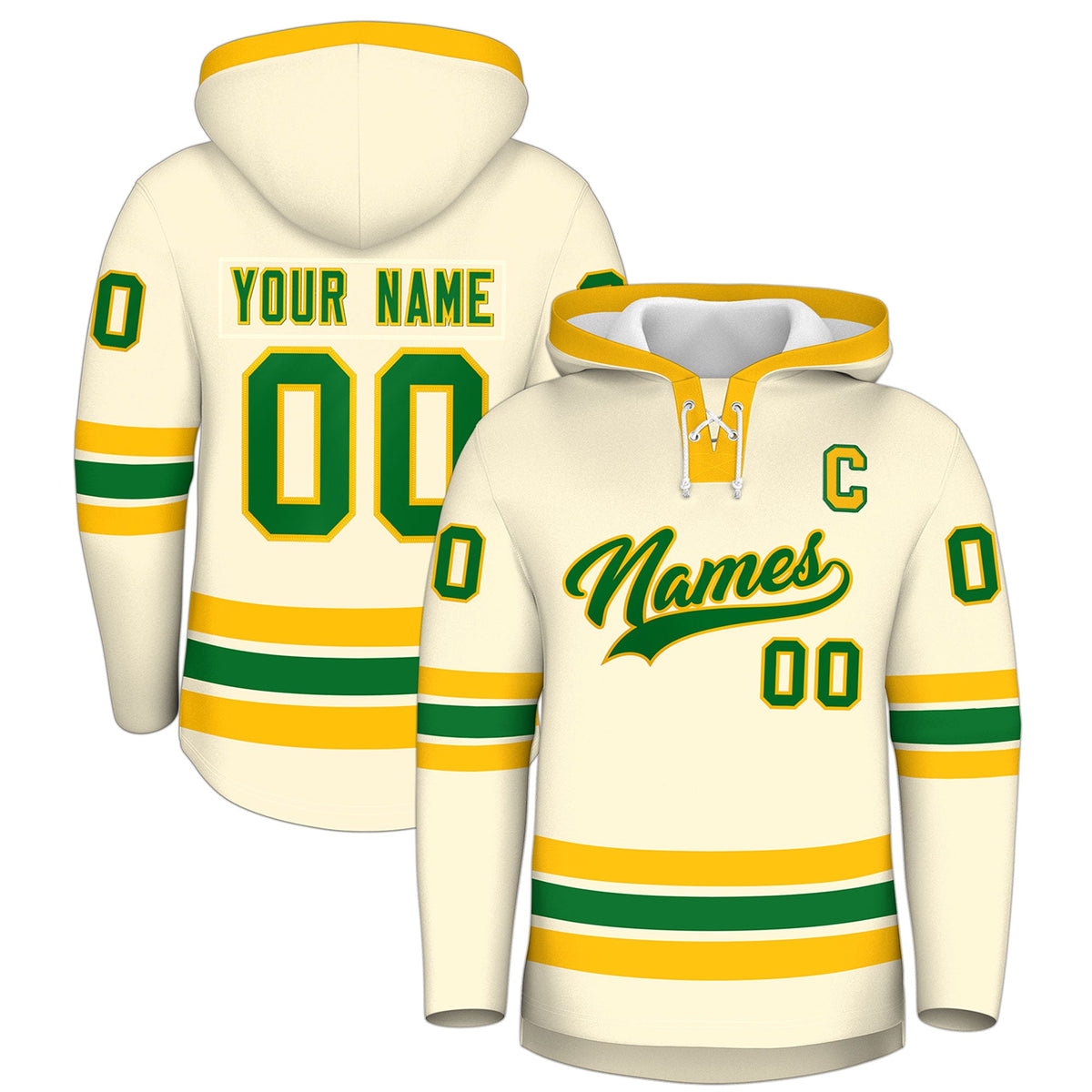 Custom Hockey Hoodie Jersey Cream Kelly Green Classic Style Add Name,Number&amp;Logo