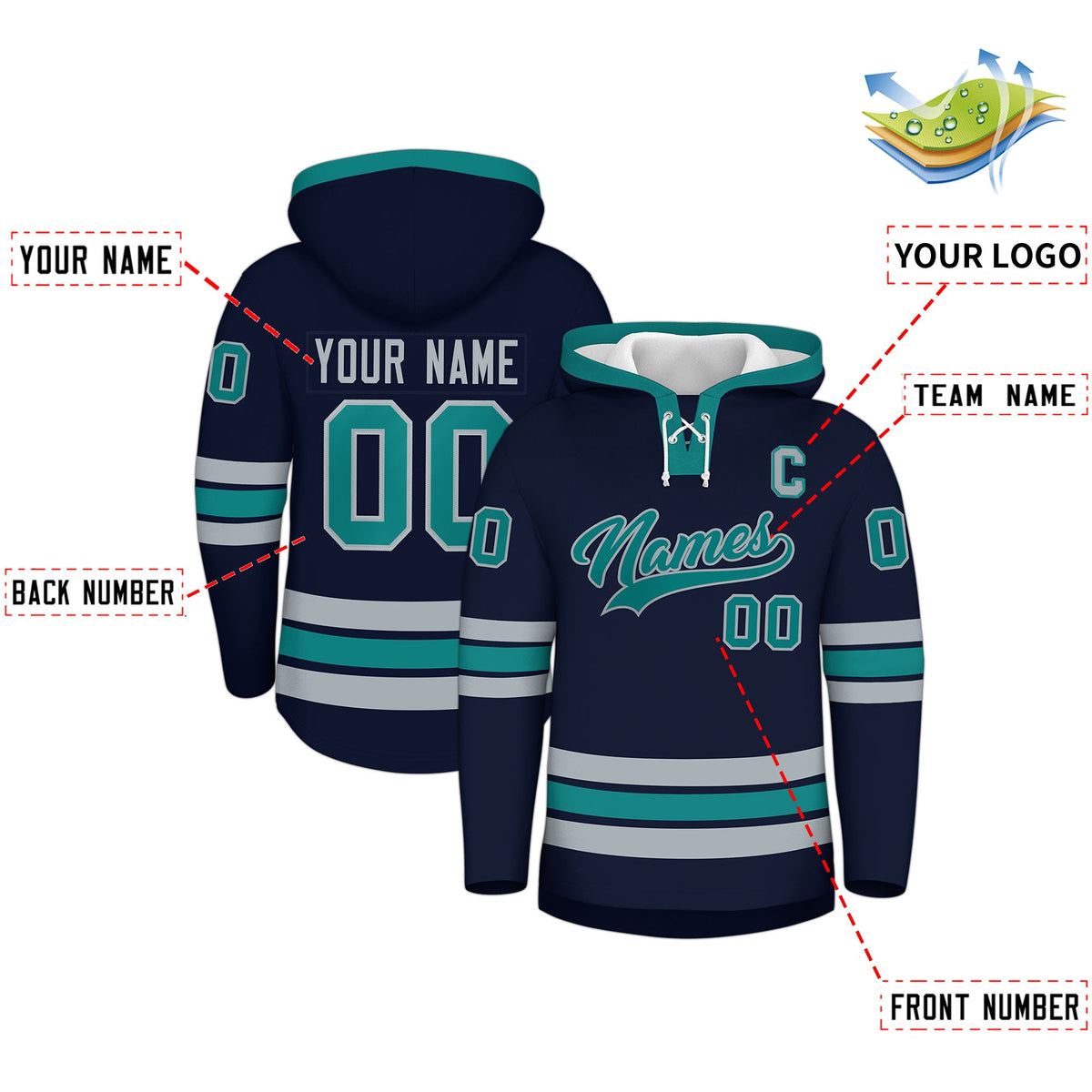 Custom Hockey Hoodie Jersey Navy Teal Classic Style for Men&amp;Youth