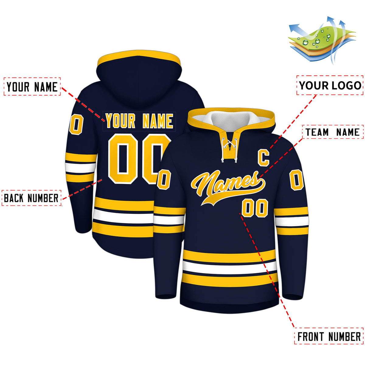 Custom Hockey Hoodie Jersey Navy White Classic Style Add Name,Number &amp; Logo