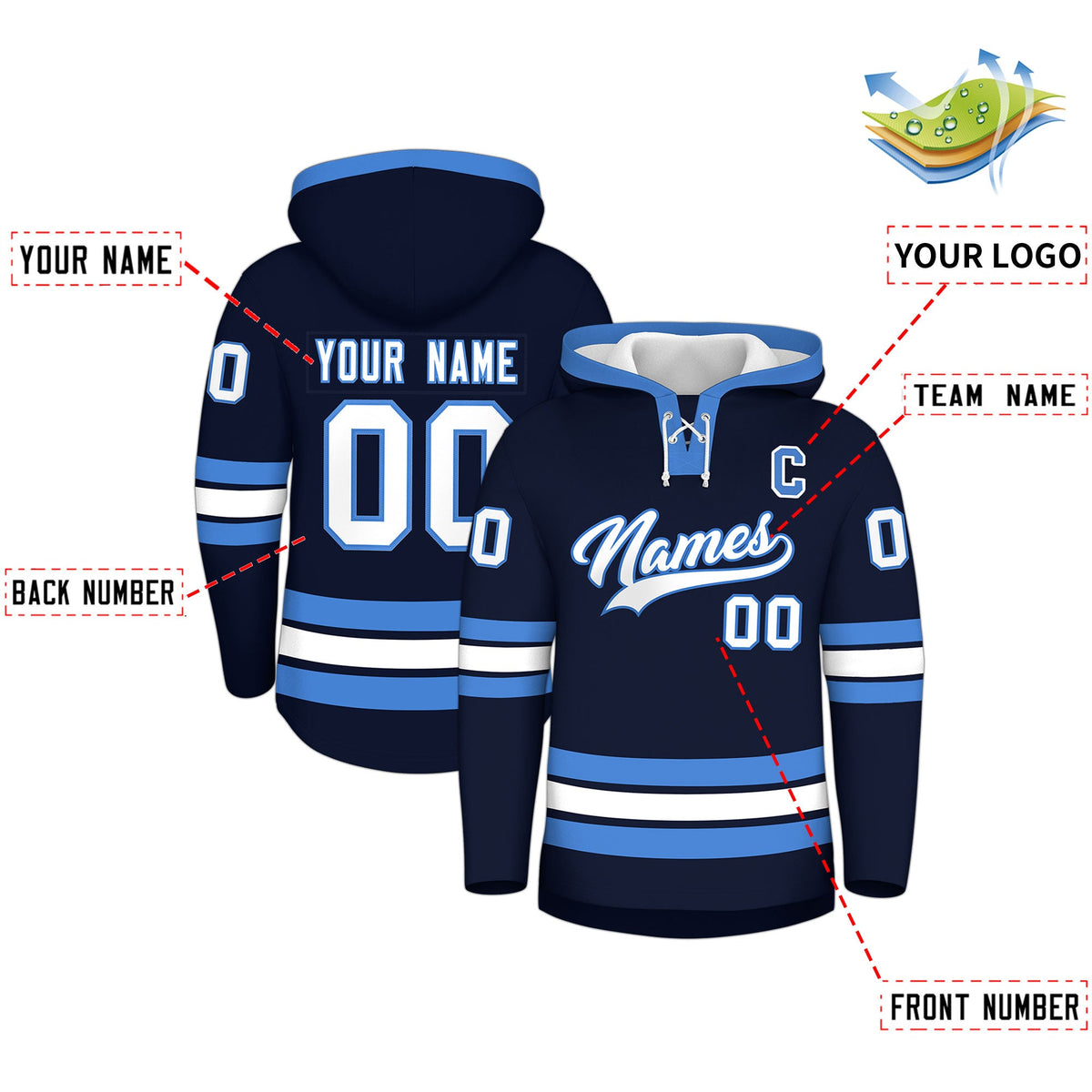 Custom Hockey Hoodie Jersey Navy Powder Blue Classic Style for Men&amp;Youth
