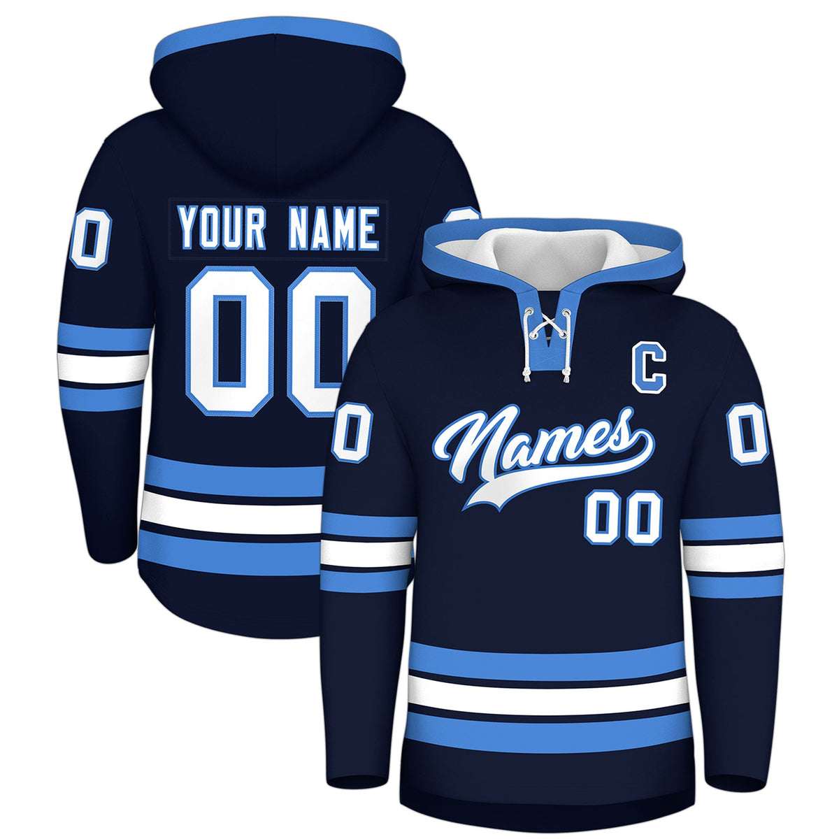 Custom Hockey Hoodie Jersey Navy Powder Blue Classic Style for Men&amp;Youth