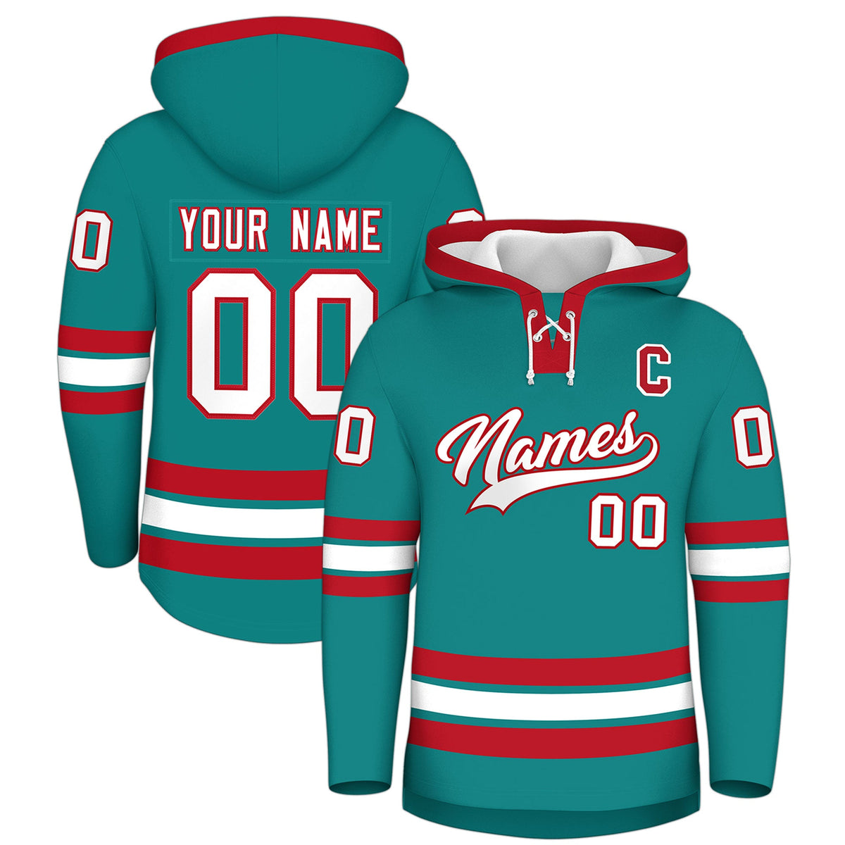 Custom Hockey Hoodie Jersey Teal Red Classic Style for Men&amp;Youth